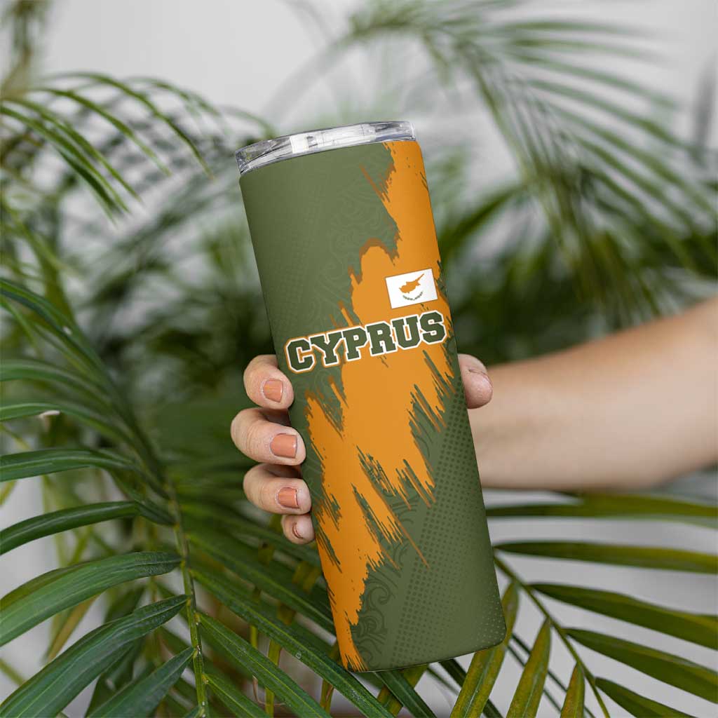 Cyprus Skinny Tumbler with Green Orange Brushstroke Design and National Emblem - Wonder Print Shop