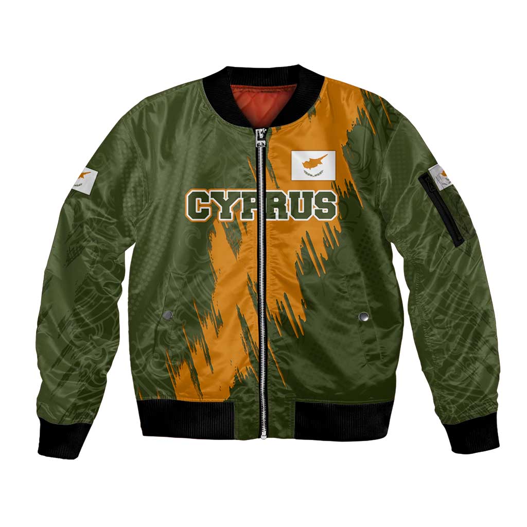 Cyprus Sleeve Zip Bomber Jacket with Green Orange Brushstroke Design and National Emblem - Wonder Print Shop