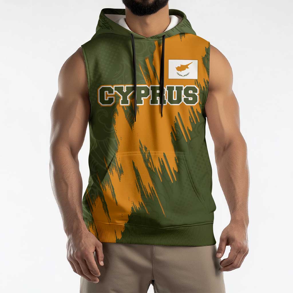 Cyprus Sleeveless Hoodie with Green Orange Brushstroke Design and National Emblem - Wonder Print Shop