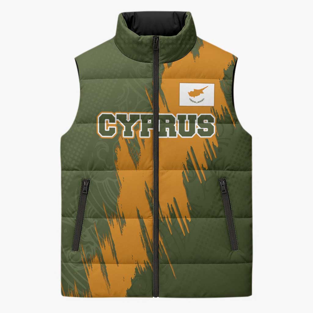 Cyprus Sleeveless Puffer Jacket with Green Orange Brushstroke Design and National Emblem - Wonder Print Shop