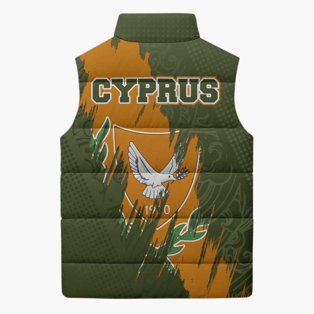 Cyprus Sleeveless Puffer Jacket with Green Orange Brushstroke Design and National Emblem - Wonder Print Shop
