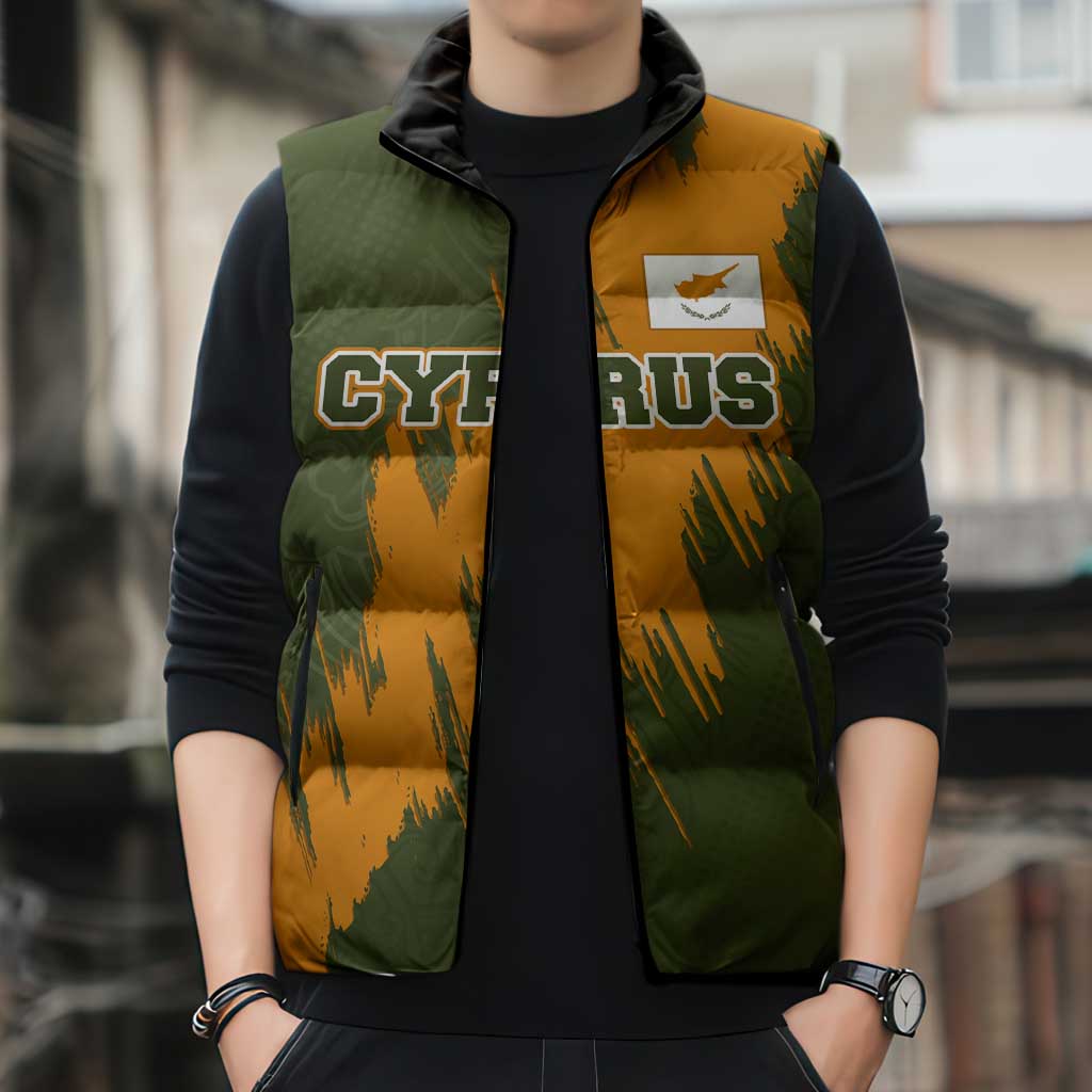 Cyprus Sleeveless Puffer Jacket with Green Orange Brushstroke Design and National Emblem - Wonder Print Shop