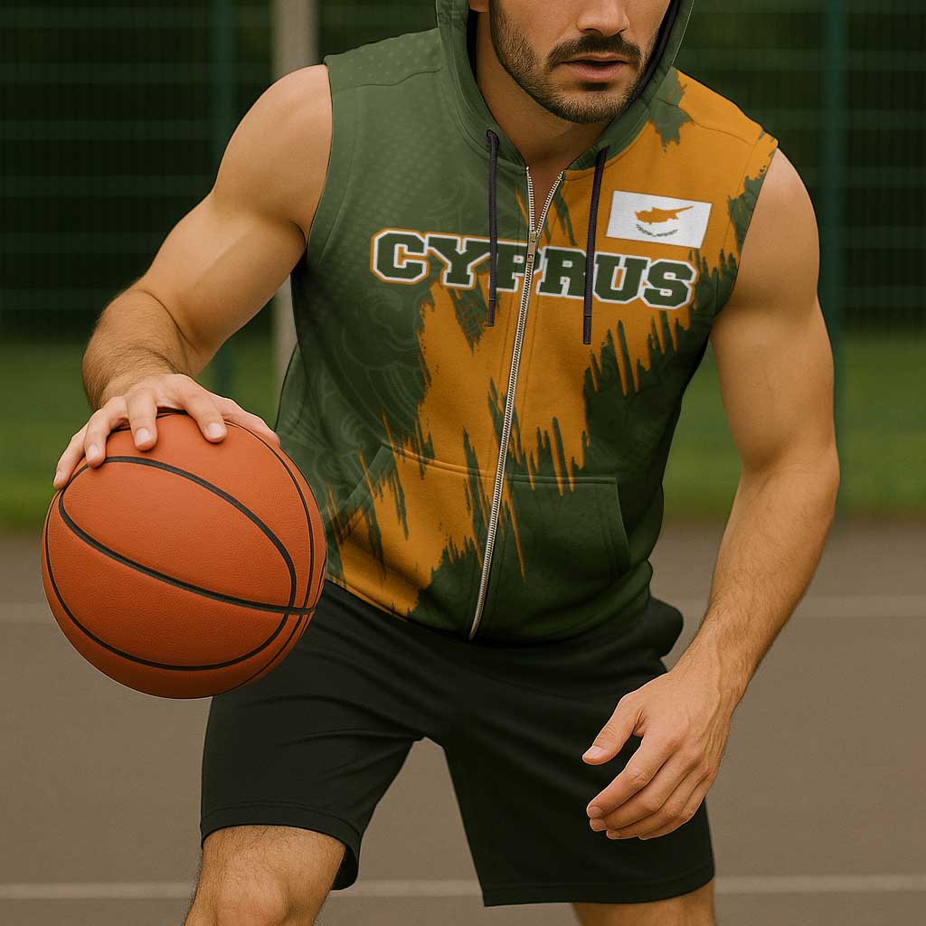 Cyprus Sleeveless Zip Hoodie with Green Orange Brushstroke Design and National Emblem - Wonder Print Shop