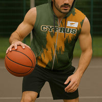 Cyprus Sleeveless Zip Hoodie with Green Orange Brushstroke Design and National Emblem - Wonder Print Shop