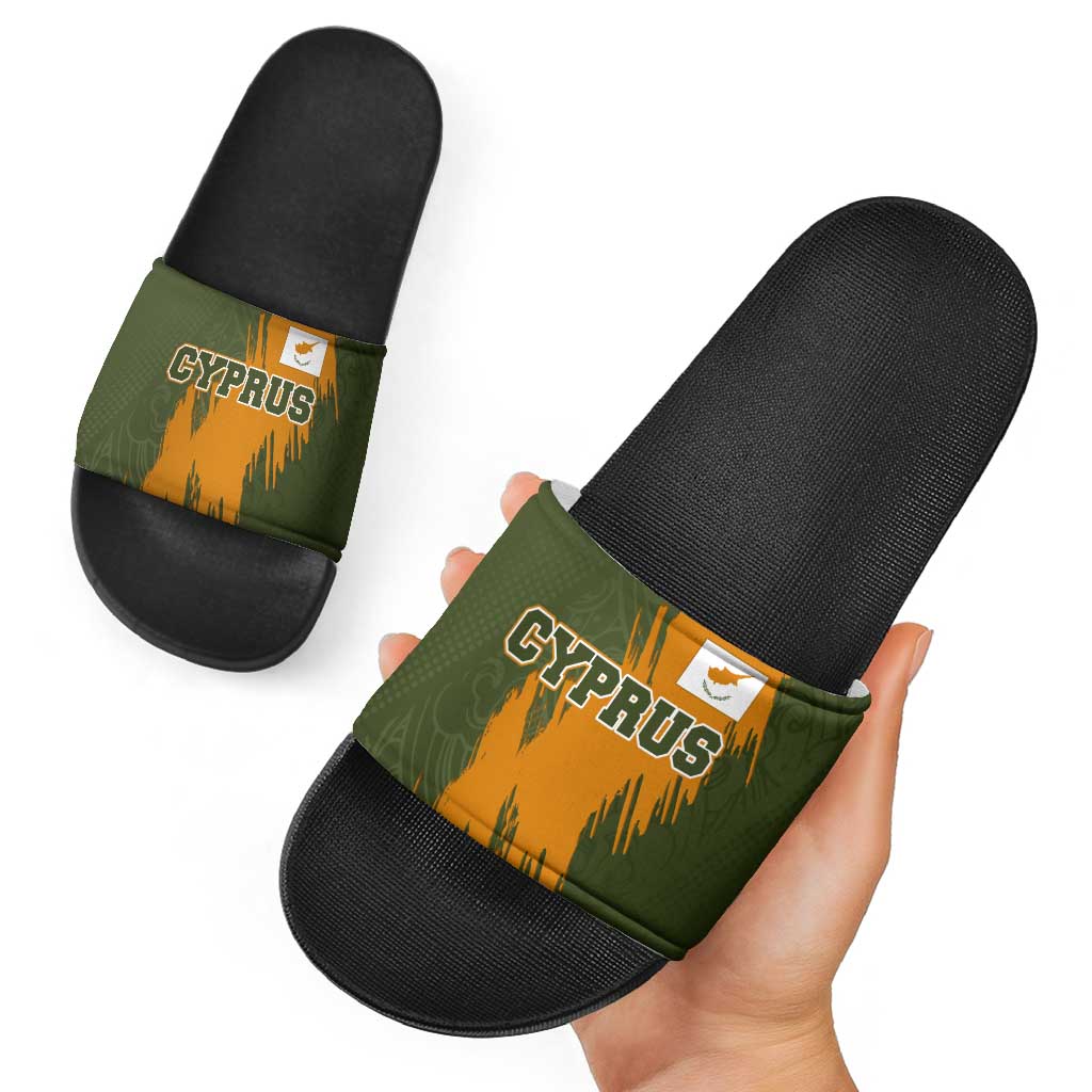 Cyprus Slide Sandals with Green Orange Brushstroke Design and National Emblem - Wonder Print Shop