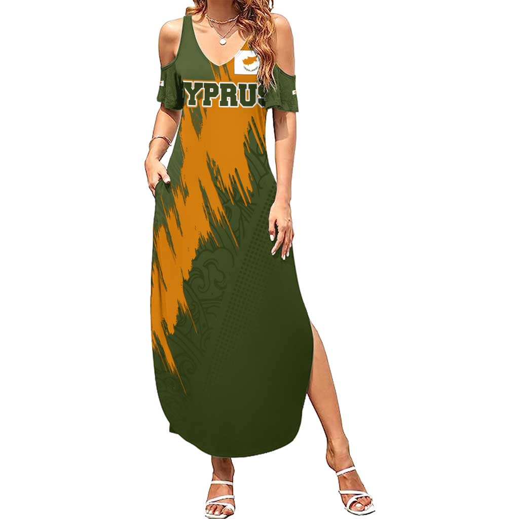 Cyprus Summer Maxi Dress with Green Orange Brushstroke Design and National Emblem - Wonder Print Shop