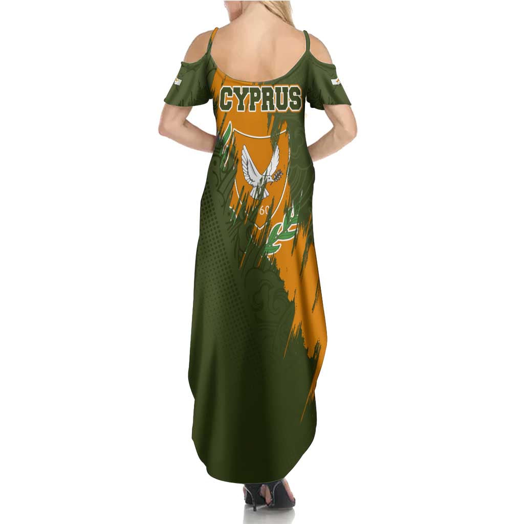 Cyprus Summer Maxi Dress with Green Orange Brushstroke Design and National Emblem - Wonder Print Shop