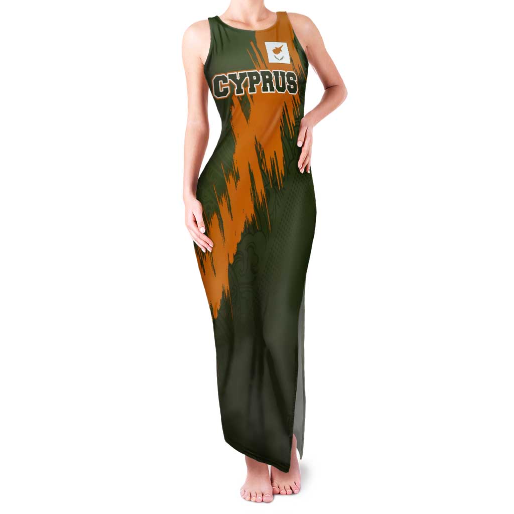 Cyprus Tank Maxi Dress with Green Orange Brushstroke Design and National Emblem - Wonder Print Shop