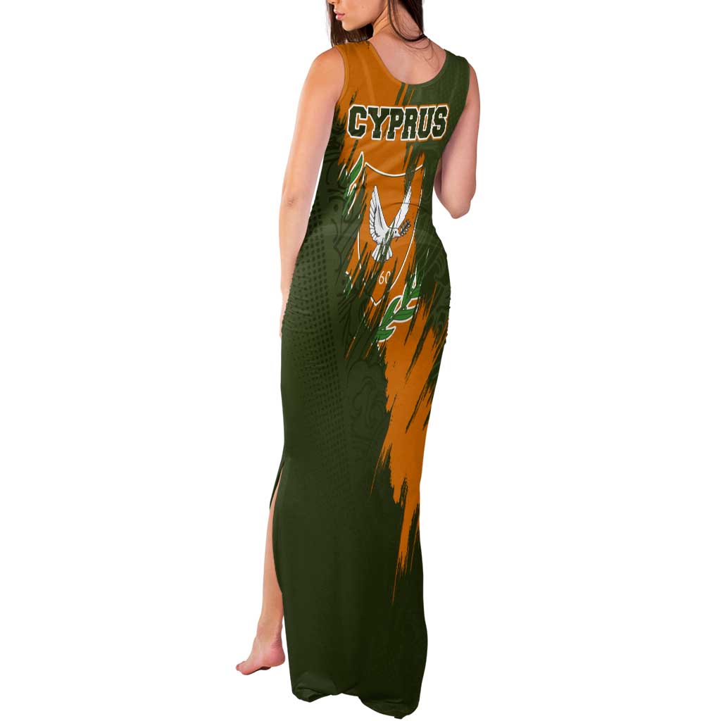 Cyprus Tank Maxi Dress with Green Orange Brushstroke Design and National Emblem - Wonder Print Shop