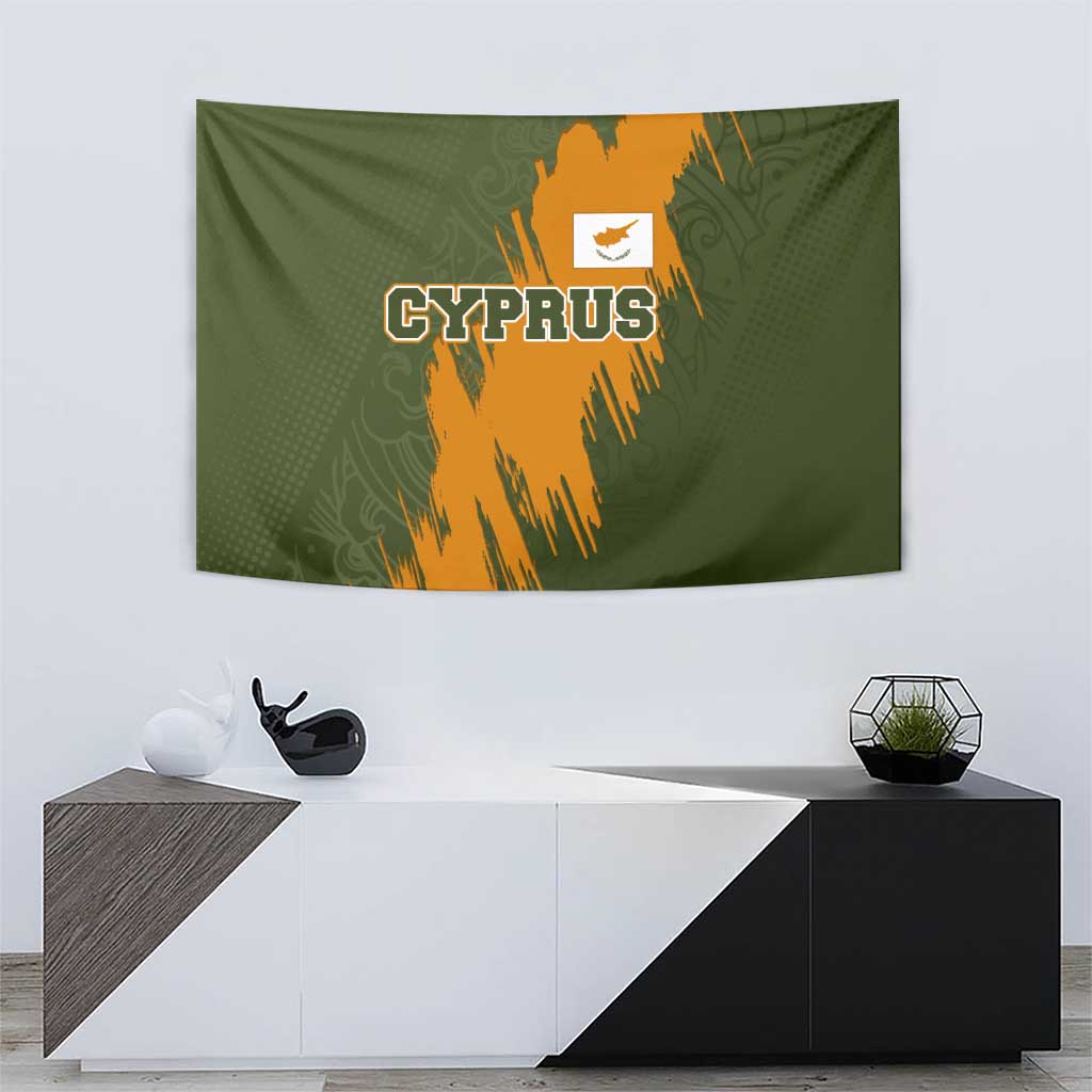 Cyprus Tapestry with Green Orange Brushstroke Design and National Emblem - Wonder Print Shop
