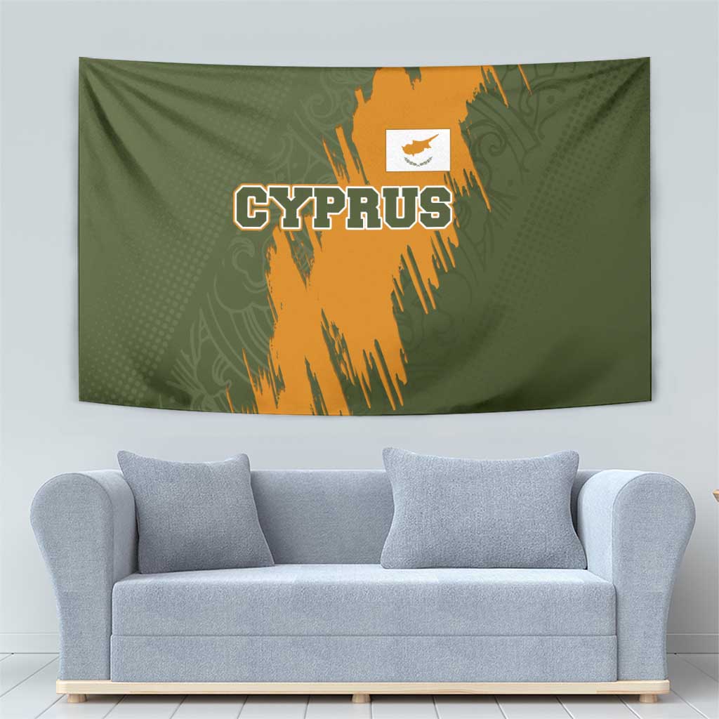 Cyprus Tapestry with Green Orange Brushstroke Design and National Emblem - Wonder Print Shop