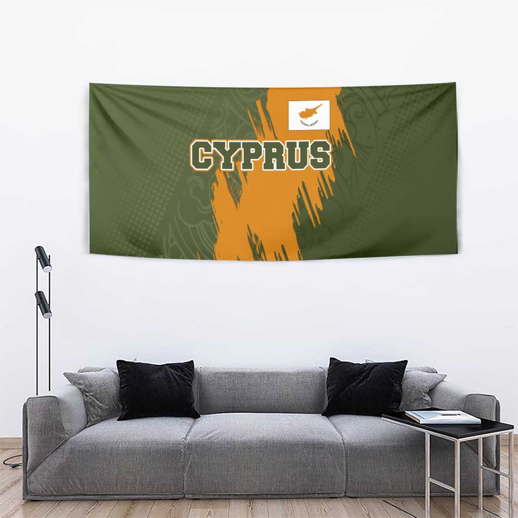 Cyprus Tapestry with Green Orange Brushstroke Design and National Emblem - Wonder Print Shop