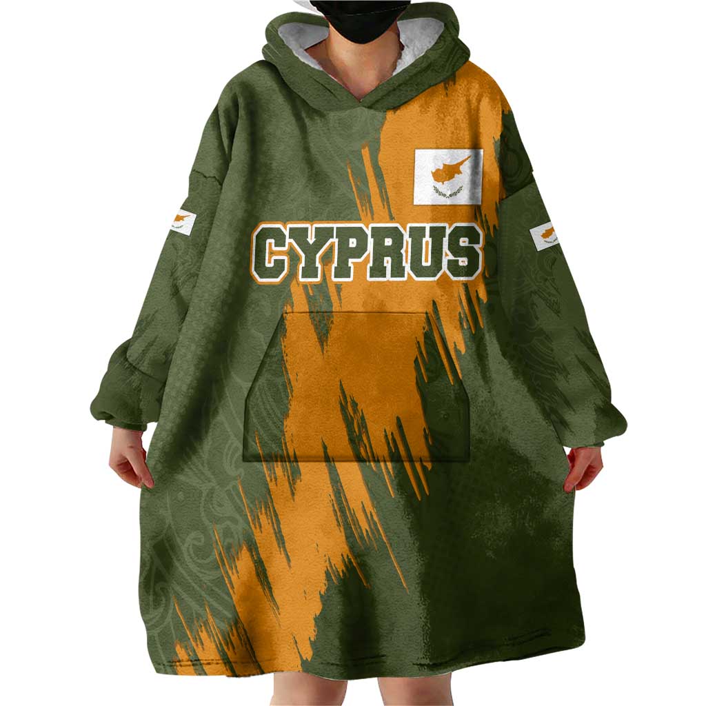 Cyprus Wearable Blanket Hoodie with Green Orange Brushstroke Design and National Emblem - Wonder Print Shop