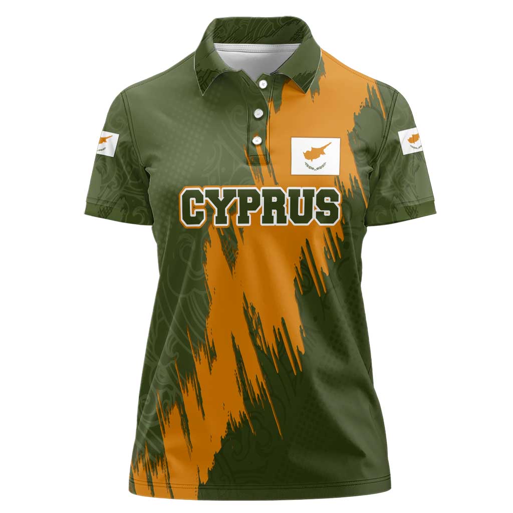 Cyprus Women Polo Shirt with Green Orange Brushstroke Design and National Emblem - Wonder Print Shop