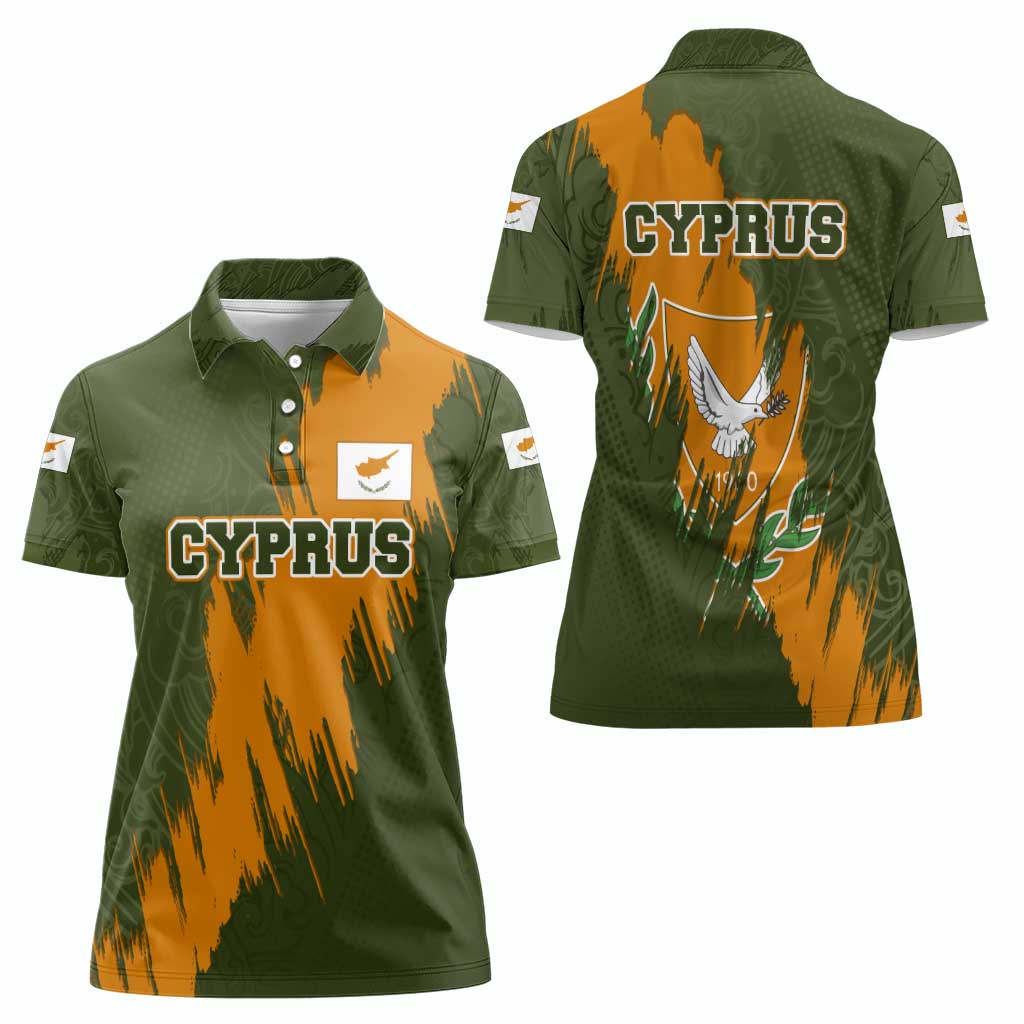 Cyprus Women Polo Shirt with Green Orange Brushstroke Design and National Emblem - Wonder Print Shop