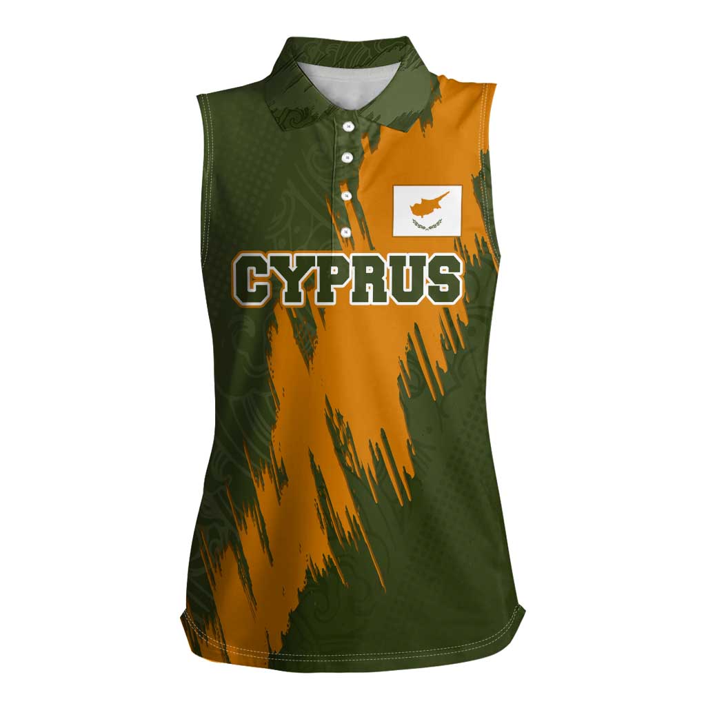 Cyprus Women Sleeveless Polo Shirt with Green Orange Brushstroke Design and National Emblem - Wonder Print Shop