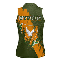 Cyprus Women Sleeveless Polo Shirt with Green Orange Brushstroke Design and National Emblem - Wonder Print Shop