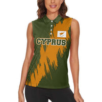 Cyprus Women Sleeveless Polo Shirt with Green Orange Brushstroke Design and National Emblem - Wonder Print Shop