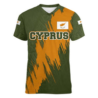 Cyprus Women V-Neck T-Shirt with Green Orange Brushstroke Design and National Emblem - Wonder Print Shop
