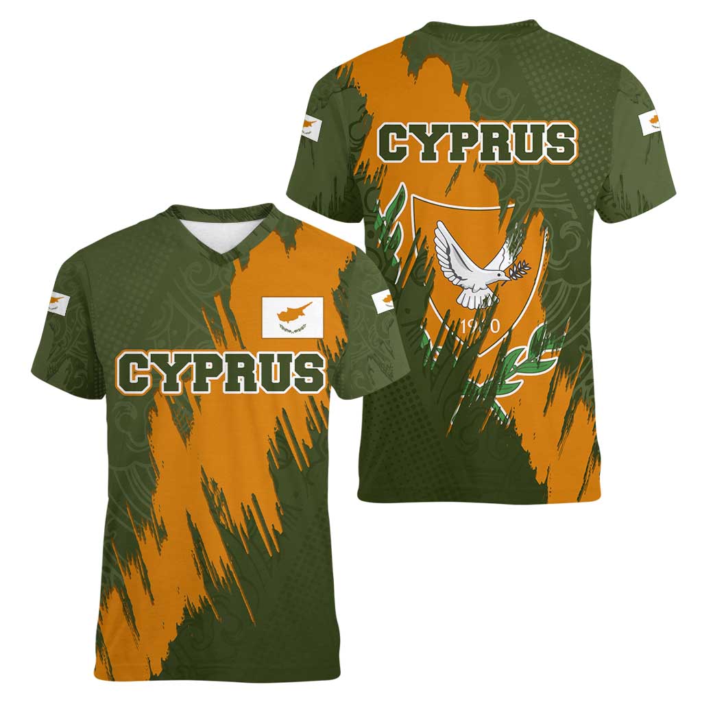 Cyprus Women V-Neck T-Shirt with Green Orange Brushstroke Design and National Emblem - Wonder Print Shop