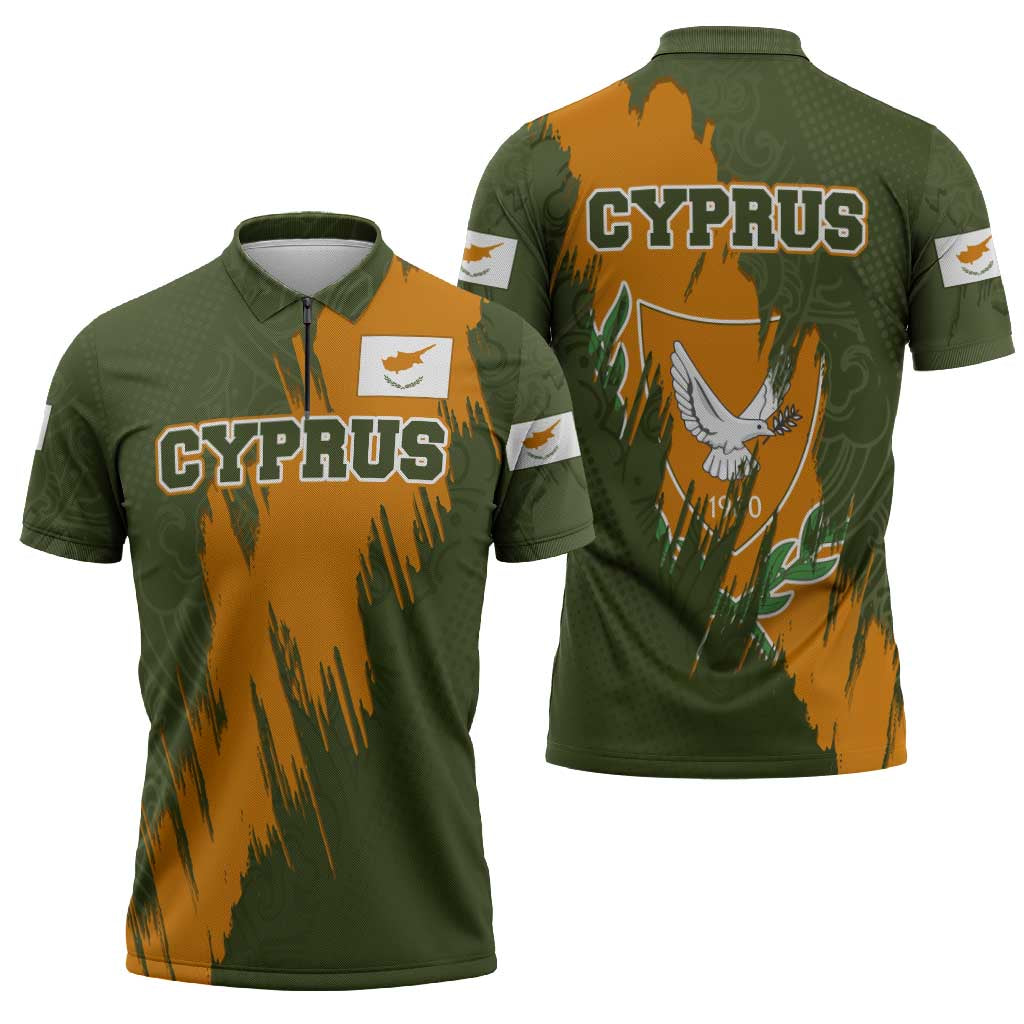 Cyprus Zipper Polo Shirt with Green Orange Brushstroke Design and National Emblem - Wonder Print Shop