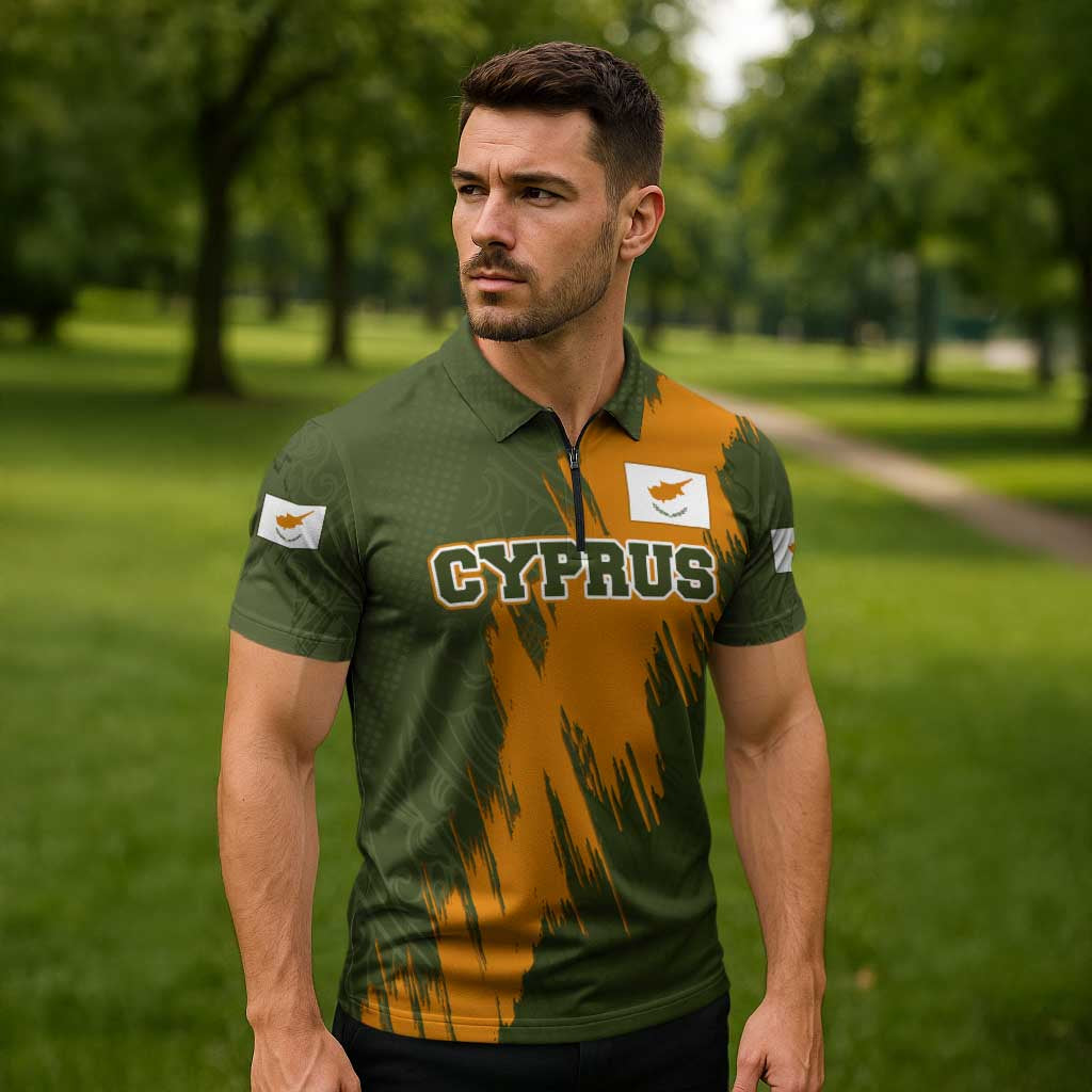 Cyprus Zipper Polo Shirt with Green Orange Brushstroke Design and National Emblem - Wonder Print Shop