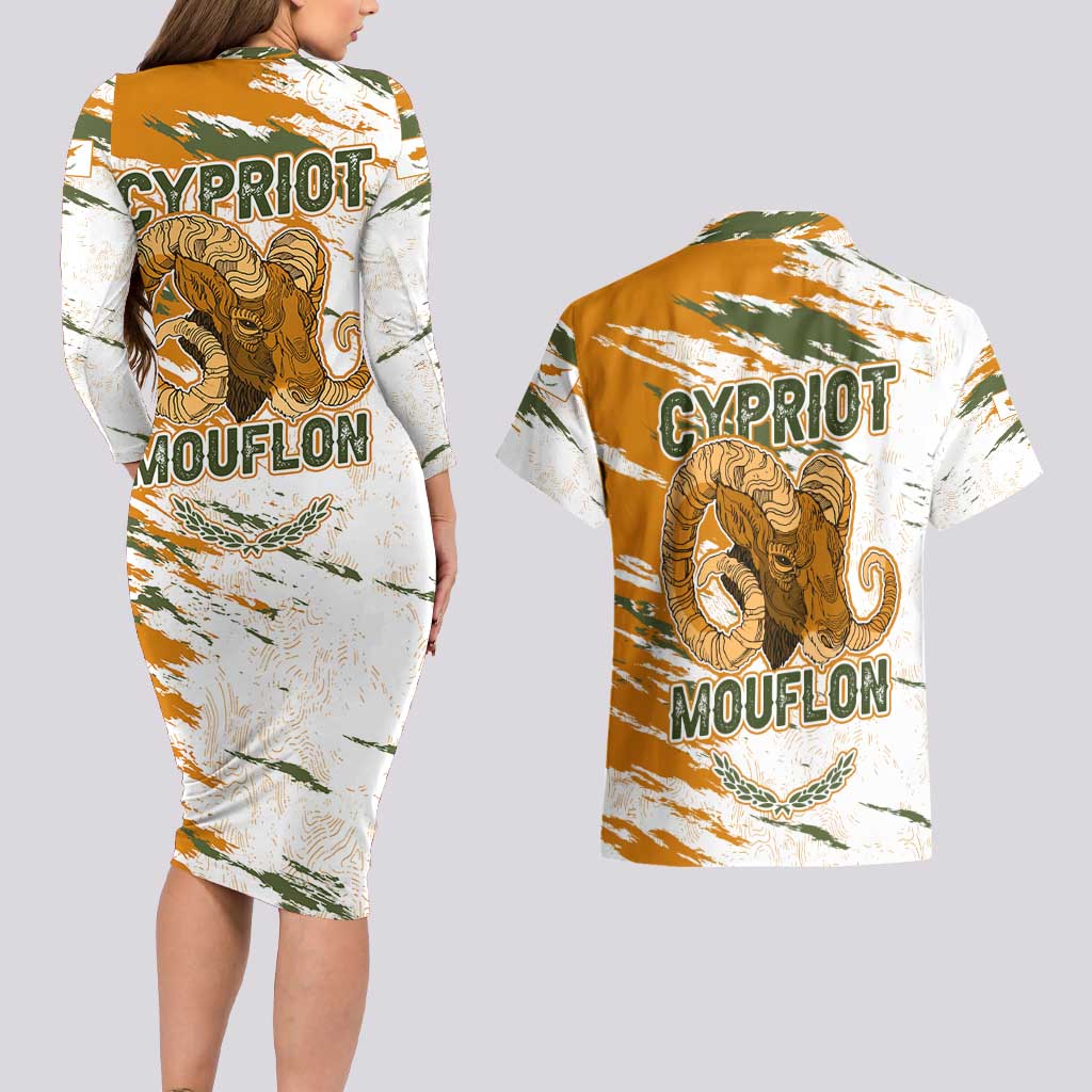 Cyprus Couples Matching Long Sleeve Bodycon Dress and Hawaiian Shirt with Mouflon Illustration Design and National Laurel - Wonder Print Shop