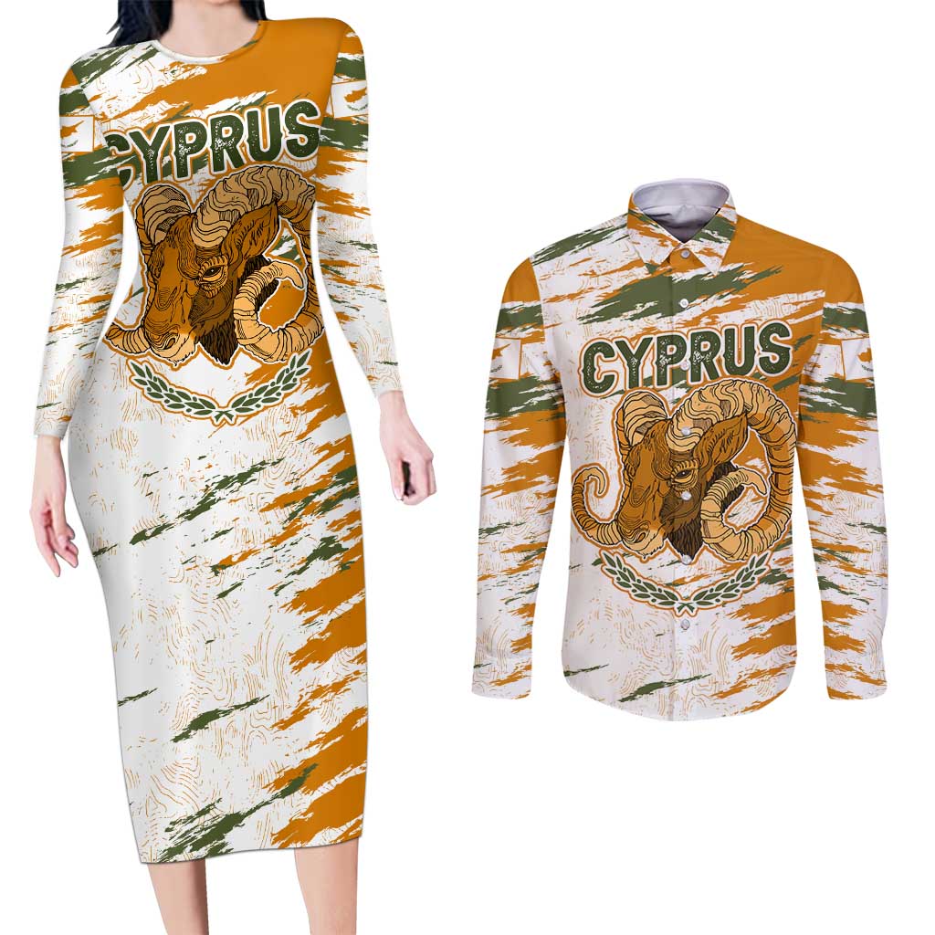 Cyprus Couples Matching Long Sleeve Bodycon Dress and Long Sleeve Button Shirt with Mouflon Illustration Design and National Laurel - Wonder Print Shop