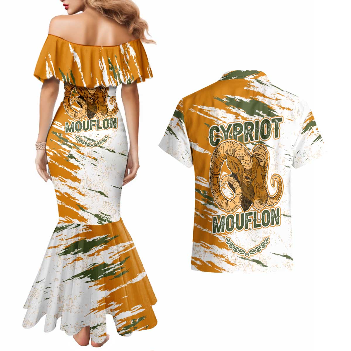 Cyprus Couples Matching Mermaid Dress and Hawaiian Shirt with Mouflon Illustration Design and National Laurel - Wonder Print Shop