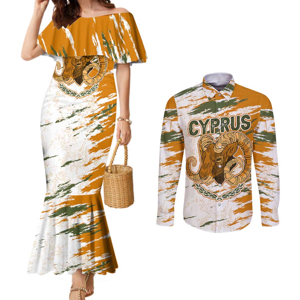 Cyprus Couples Matching Mermaid Dress and Long Sleeve Button Shirt with Mouflon Illustration Design and National Laurel - Wonder Print Shop