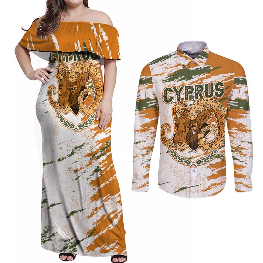Cyprus Couples Matching Off Shoulder Maxi Dress and Long Sleeve Button Shirt with Mouflon Illustration Design and National Laurel - Wonder Print Shop