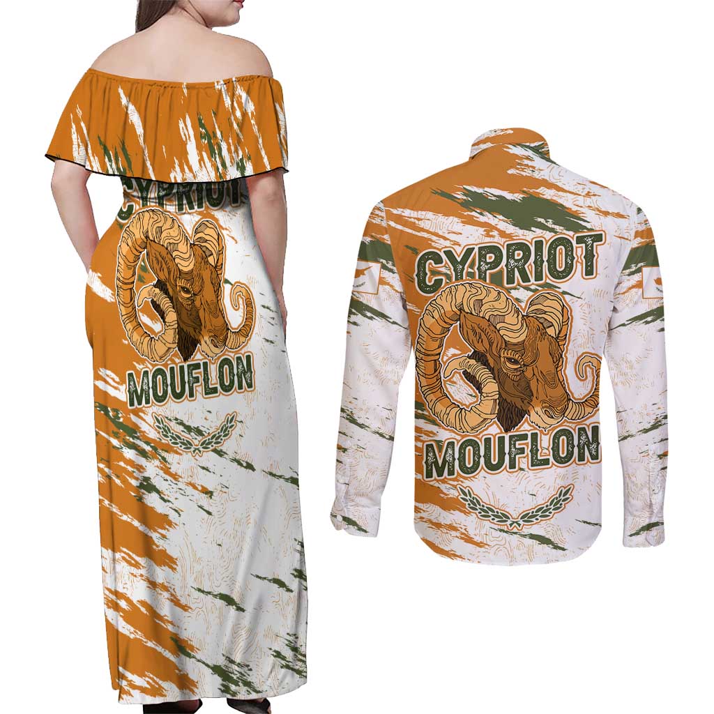 Cyprus Couples Matching Off Shoulder Maxi Dress and Long Sleeve Button Shirt with Mouflon Illustration Design and National Laurel - Wonder Print Shop