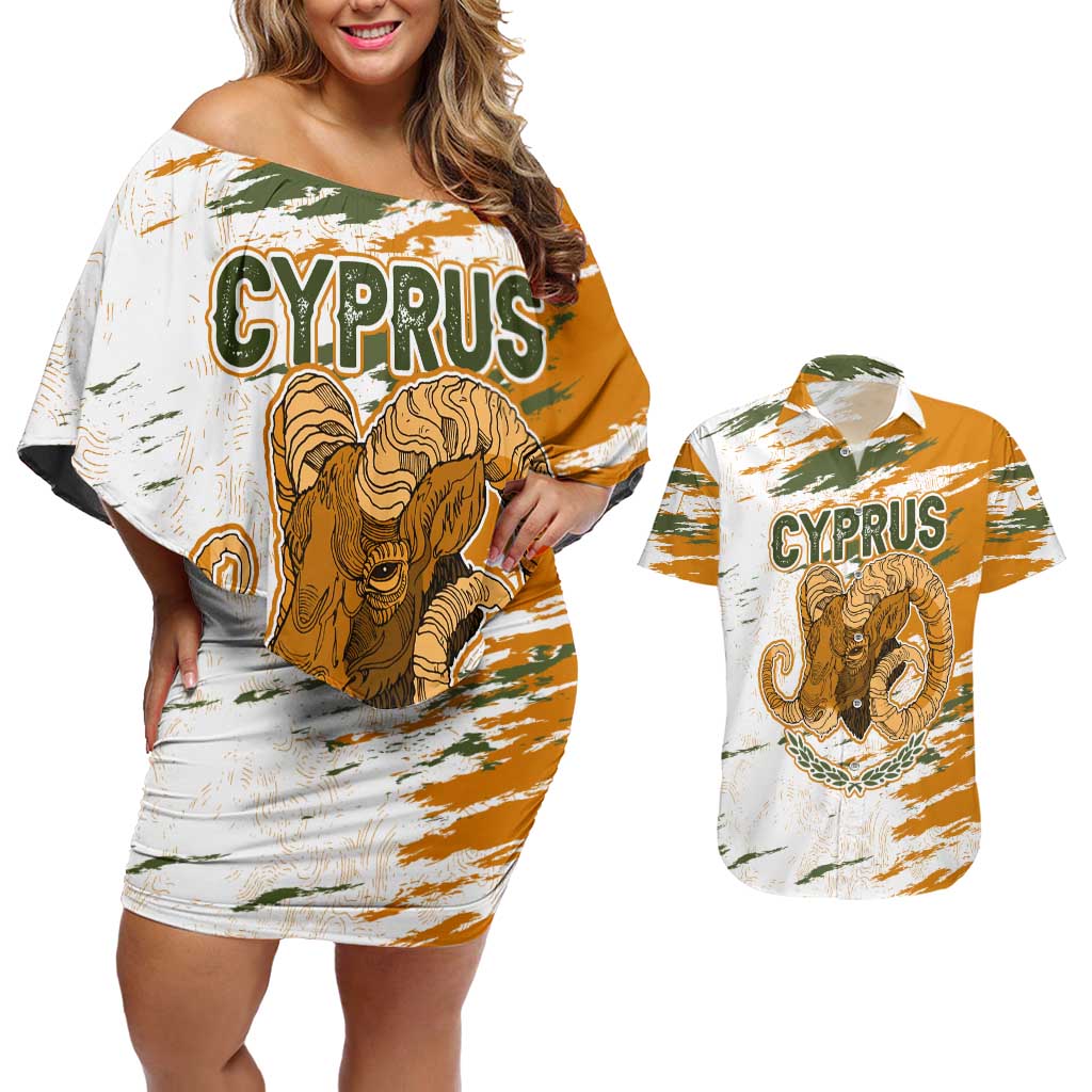 Cyprus Couples Matching Off Shoulder Short Dress and Hawaiian Shirt with Mouflon Illustration Design and National Laurel - Wonder Print Shop