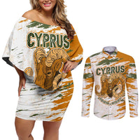Cyprus Couples Matching Off Shoulder Short Dress and Long Sleeve Button Shirt with Mouflon Illustration Design and National Laurel - Wonder Print Shop