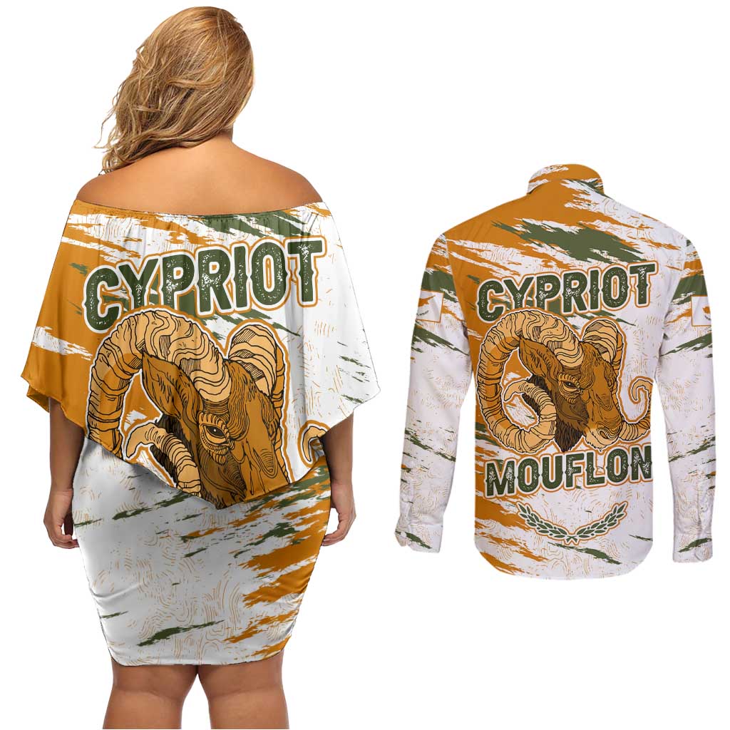 Cyprus Couples Matching Off Shoulder Short Dress and Long Sleeve Button Shirt with Mouflon Illustration Design and National Laurel - Wonder Print Shop