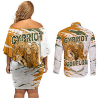 Cyprus Couples Matching Off Shoulder Short Dress and Long Sleeve Button Shirt with Mouflon Illustration Design and National Laurel - Wonder Print Shop