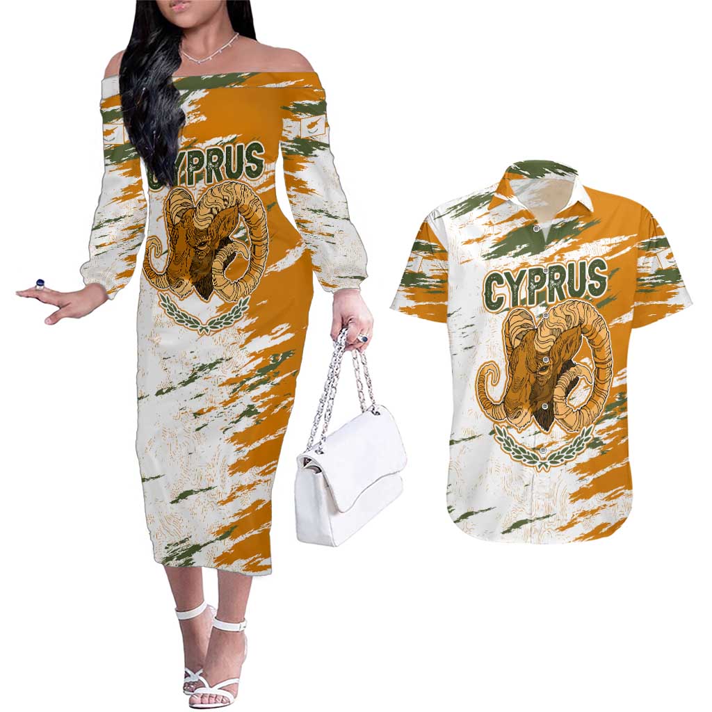 Cyprus Couples Matching Off The Shoulder Long Sleeve Dress and Hawaiian Shirt with Mouflon Illustration Design and National Laurel - Wonder Print Shop