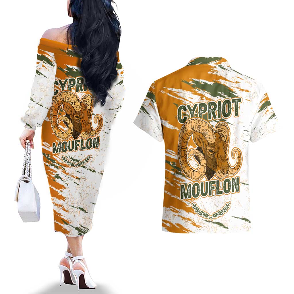 Cyprus Couples Matching Off The Shoulder Long Sleeve Dress and Hawaiian Shirt with Mouflon Illustration Design and National Laurel - Wonder Print Shop