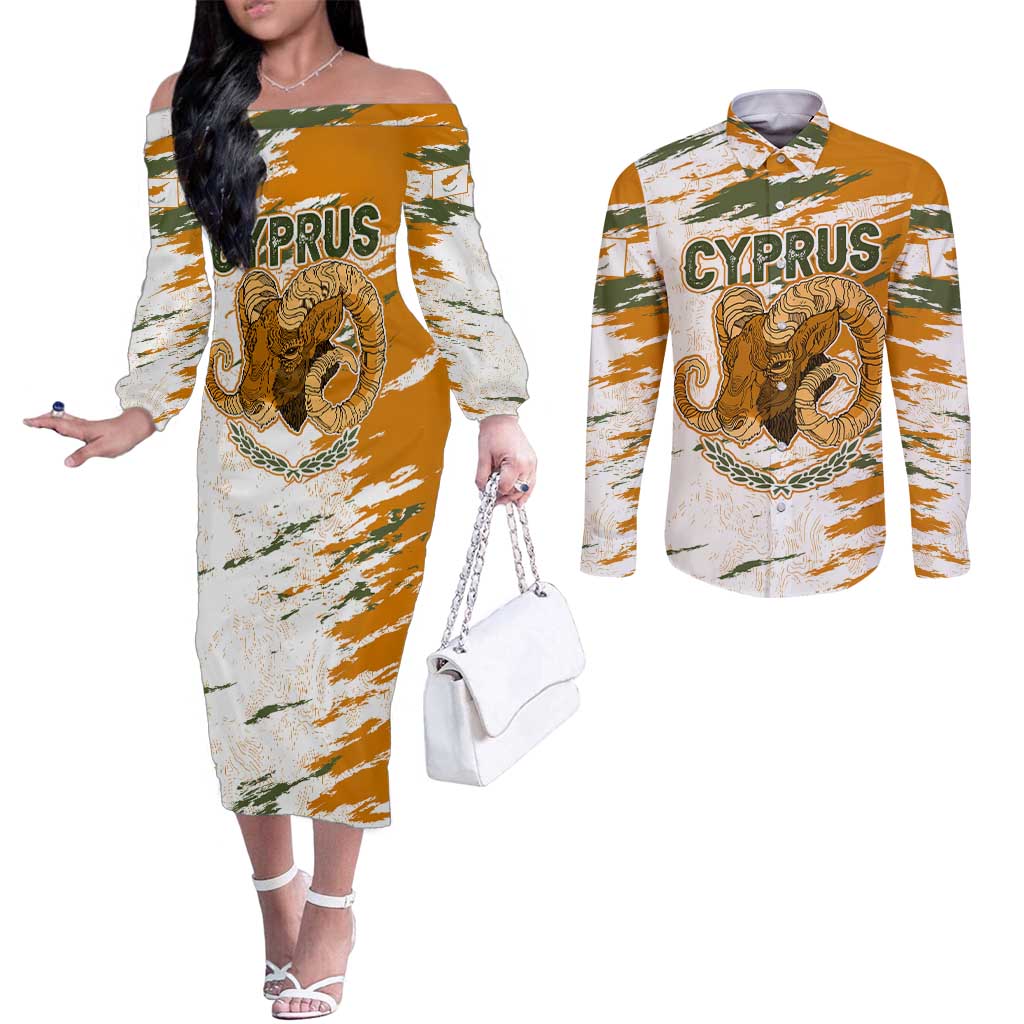 Cyprus Couples Matching Off The Shoulder Long Sleeve Dress and Long Sleeve Button Shirt with Mouflon Illustration Design and National Laurel - Wonder Print Shop