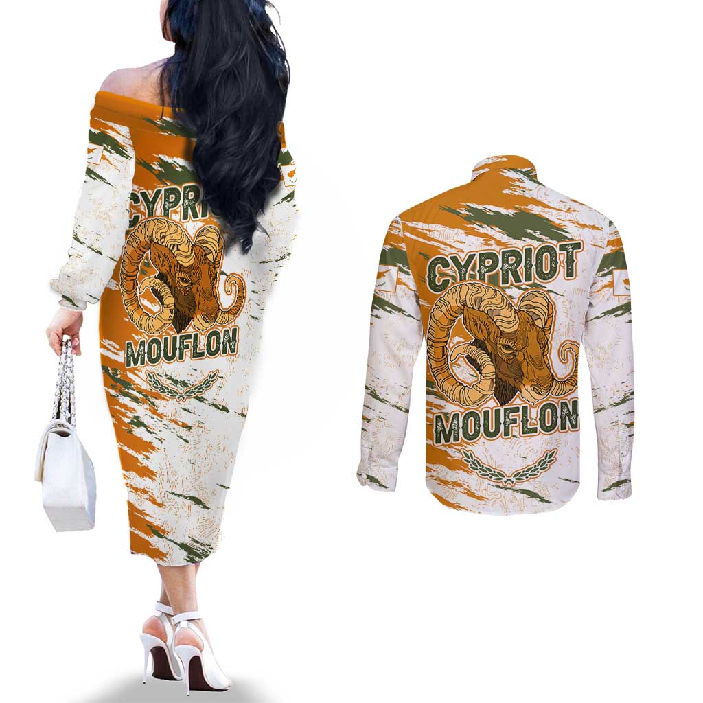 Cyprus Couples Matching Off The Shoulder Long Sleeve Dress and Long Sleeve Button Shirt with Mouflon Illustration Design and National Laurel - Wonder Print Shop