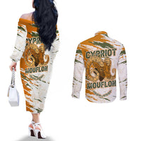 Cyprus Couples Matching Off The Shoulder Long Sleeve Dress and Long Sleeve Button Shirt with Mouflon Illustration Design and National Laurel - Wonder Print Shop