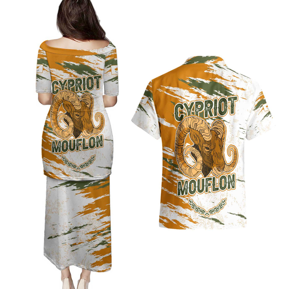 Cyprus Couples Matching Puletasi and Hawaiian Shirt with Mouflon Illustration Design and National Laurel - Wonder Print Shop