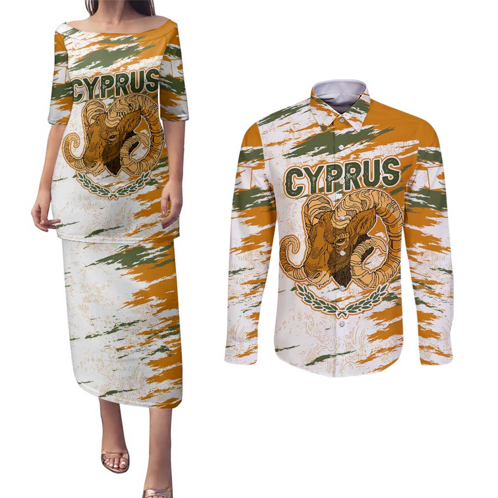 Cyprus Couples Matching Puletasi and Long Sleeve Button Shirt with Mouflon Illustration Design and National Laurel - Wonder Print Shop