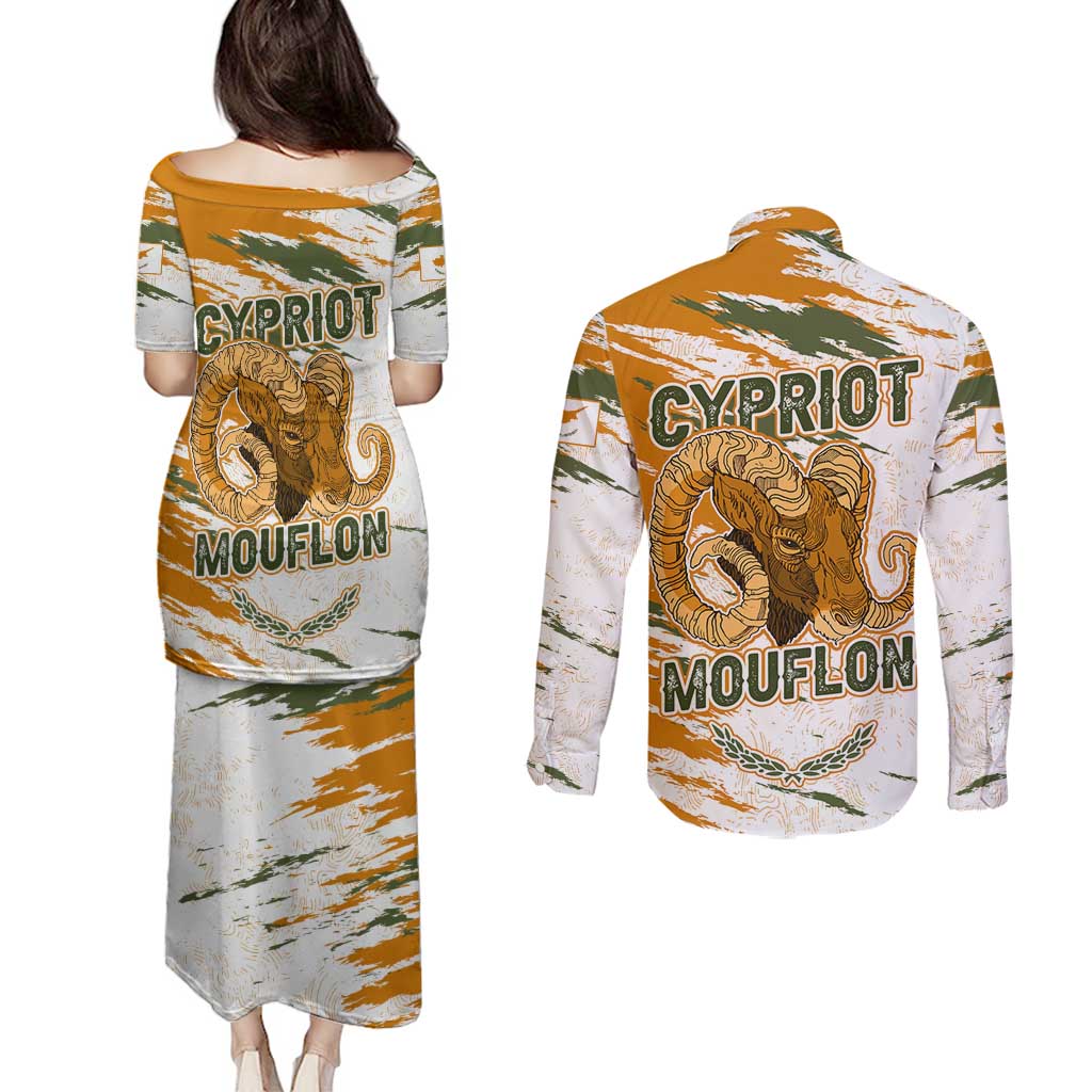 Cyprus Couples Matching Puletasi and Long Sleeve Button Shirt with Mouflon Illustration Design and National Laurel - Wonder Print Shop