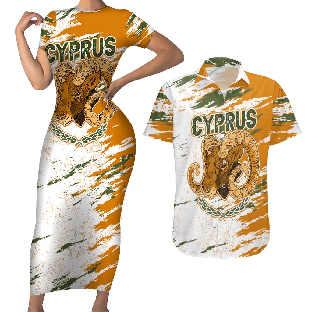 Cyprus Couples Matching Short Sleeve Bodycon Dress and Hawaiian Shirt with Mouflon Illustration Design and National Laurel - Wonder Print Shop