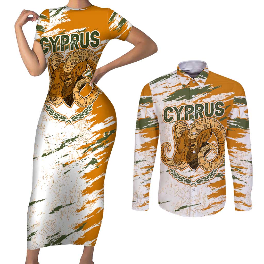 Cyprus Couples Matching Short Sleeve Bodycon Dress and Long Sleeve Button Shirt with Mouflon Illustration Design and National Laurel - Wonder Print Shop
