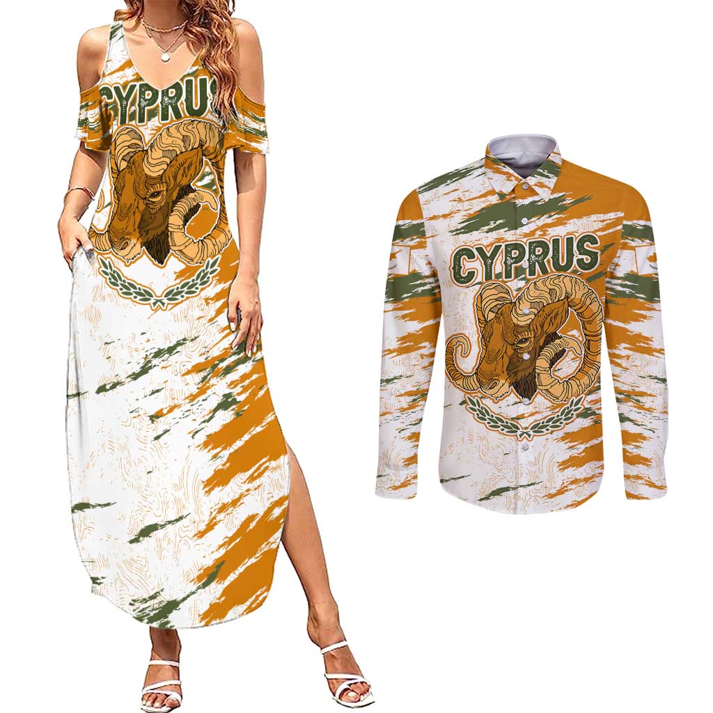 Cyprus Couples Matching Summer Maxi Dress and Long Sleeve Button Shirt with Mouflon Illustration Design and National Laurel - Wonder Print Shop
