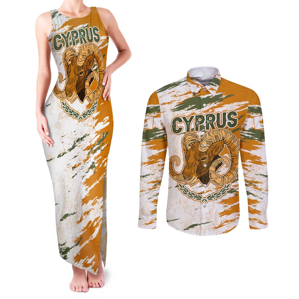 Cyprus Couples Matching Tank Maxi Dress and Long Sleeve Button Shirt with Mouflon Illustration Design and National Laurel - Wonder Print Shop