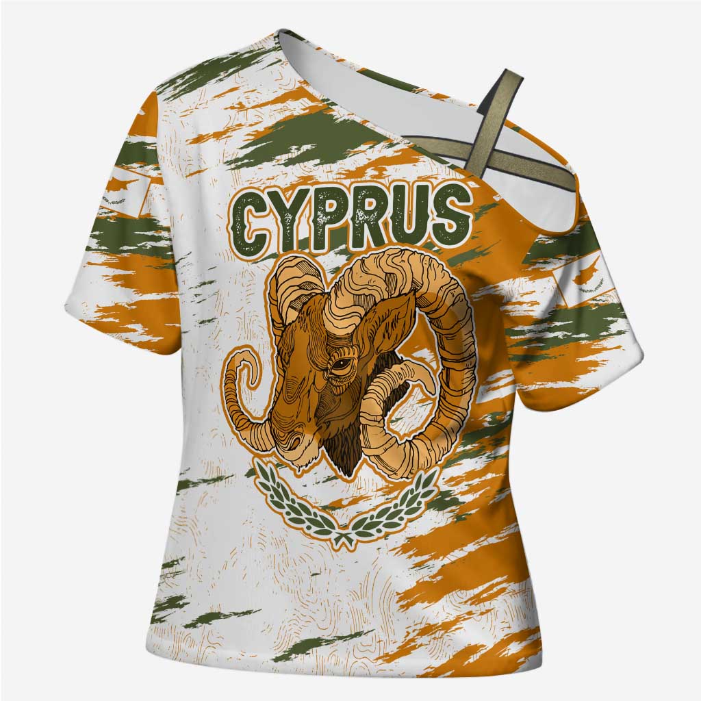 Cyprus Cross Shoulder Shirt with Mouflon Illustration Design and National Laurel - Wonder Print Shop