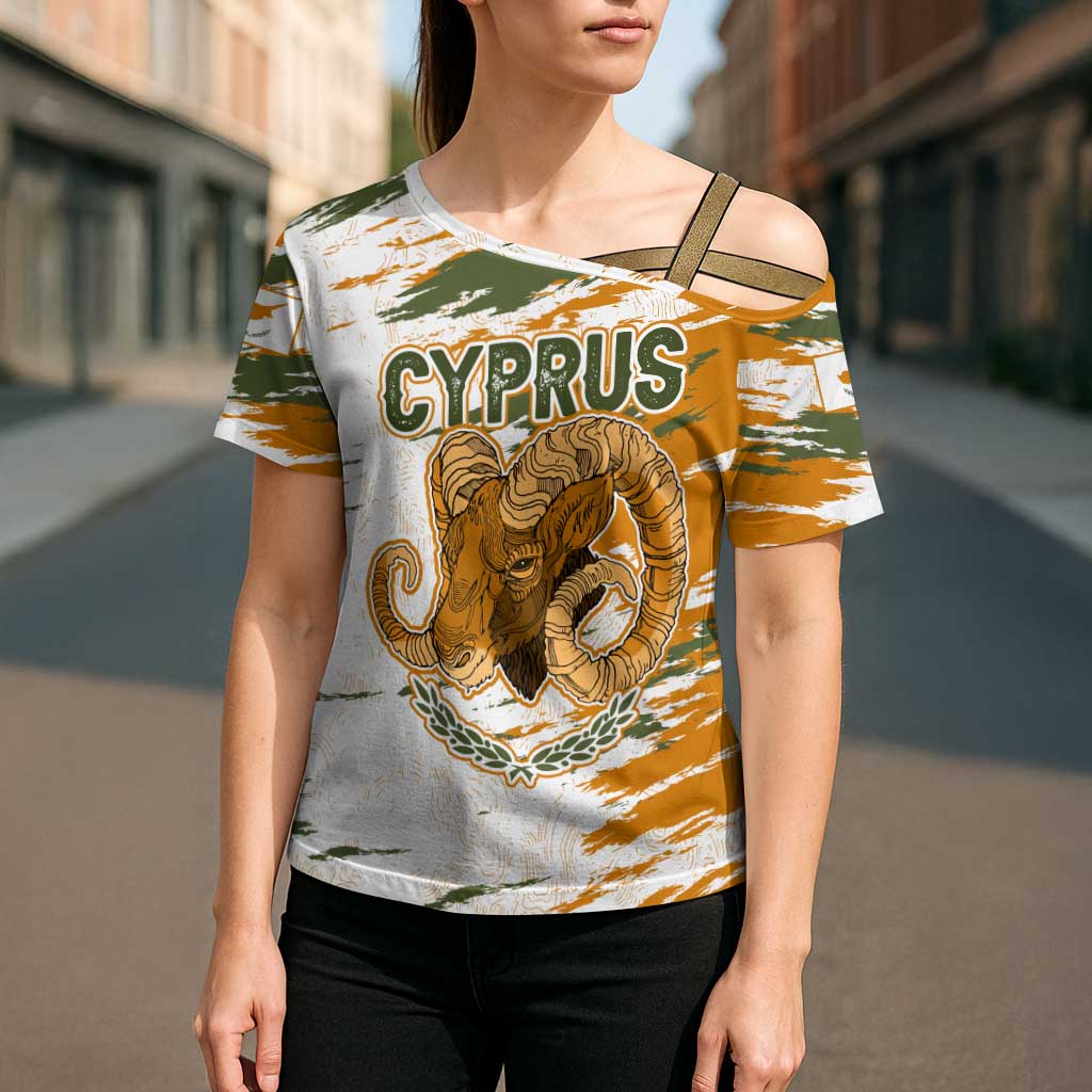 Cyprus Cross Shoulder Shirt with Mouflon Illustration Design and National Laurel - Wonder Print Shop